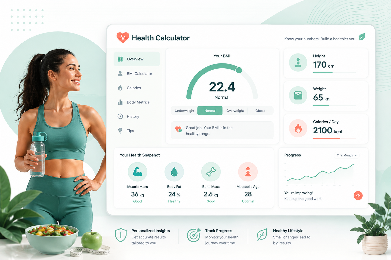 Person and digital wellness dashboard showing health metrics